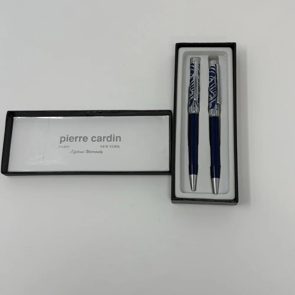 Vtg Pierre Cardin Blue Lacquer & Chrome Filigree Pen Set